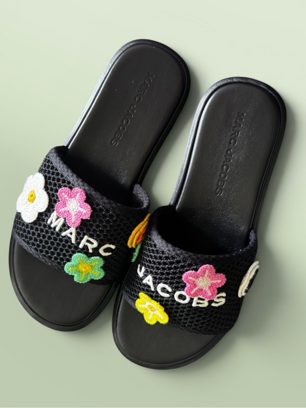 Marc Jacobs Black Crochet Floral platform Slide Sandals with Colorful Flowers